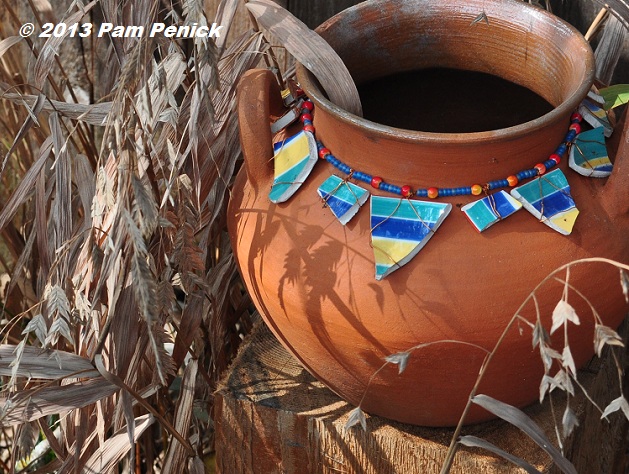 String beads and broken china to make a pot necklace