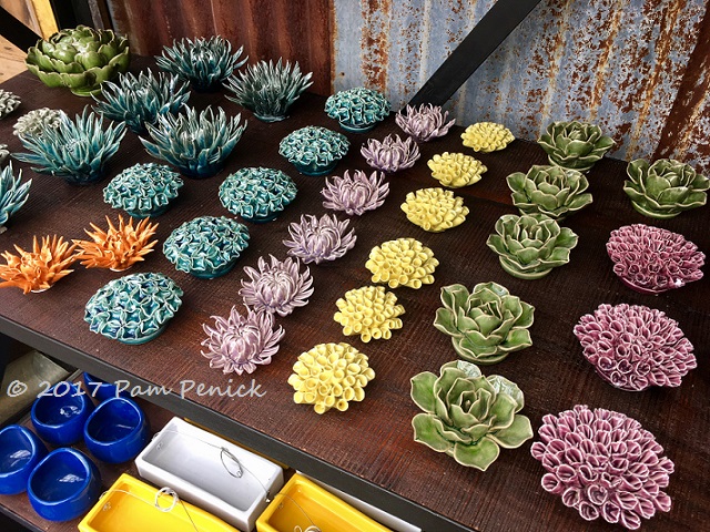 Rainbow of ceramic succulents and flowers at Hill Country Water Gardens