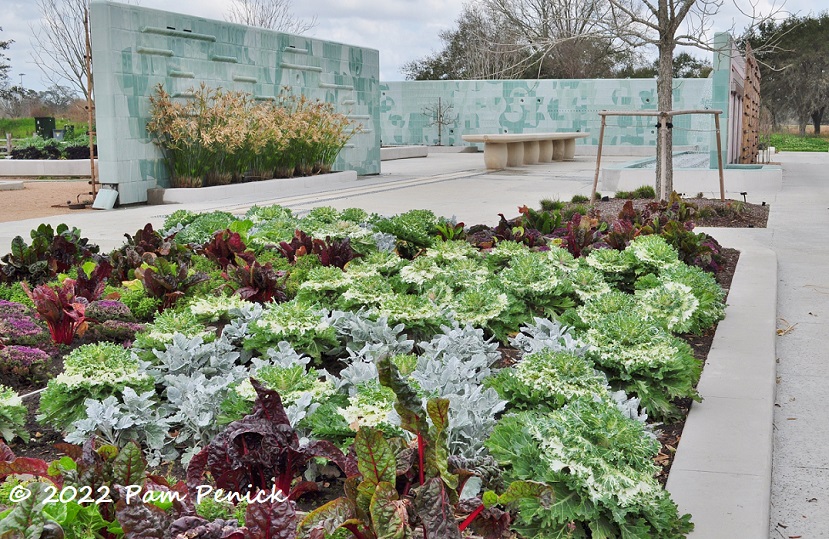 Houston Botanic Garden edibles, water wall, and end-of-winter gardens