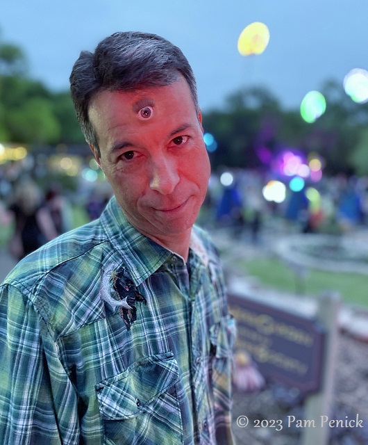 06 Man w third eye Zilker Backyard lights up with neon, costumes for Surreal Backyard