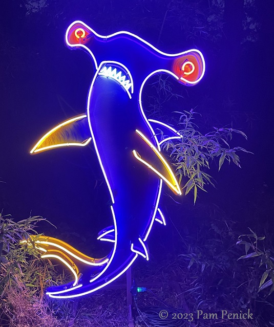 12 Hammerhead neon sculpture Zilker Backyard lights up with neon, costumes for Surreal Backyard