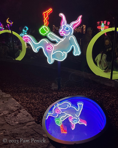 14 White rabbit rabbithole neon sculpture Zilker Backyard lights up with neon, costumes for Surreal Backyard