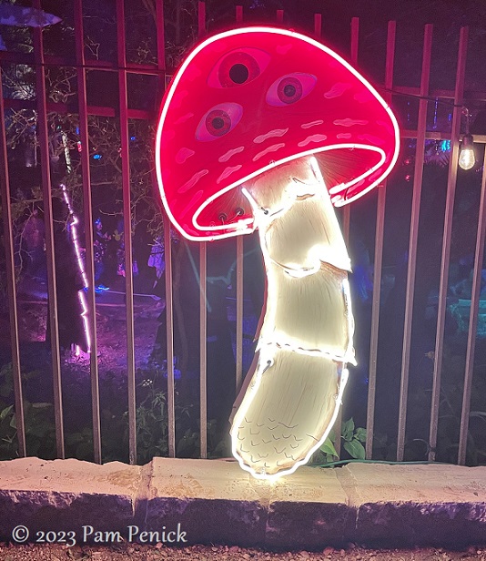 16 Mushroom w eyes neon sculpture Zilker Backyard lights up with neon, costumes for Surreal Backyard