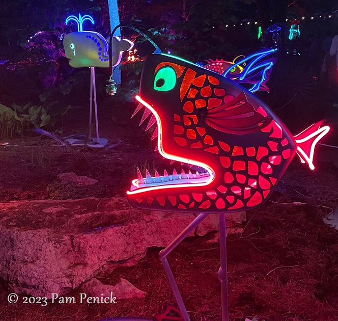 20 Lantern fish neon sculpture Zilker Backyard lights up with neon, costumes for Surreal Backyard