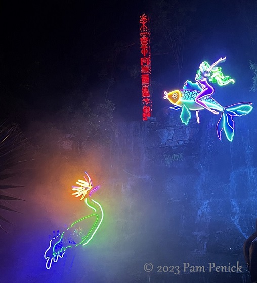 27 Woman riding fish Bird neon sculptures 1 Zilker Backyard lights up with neon, costumes for Surreal Backyard