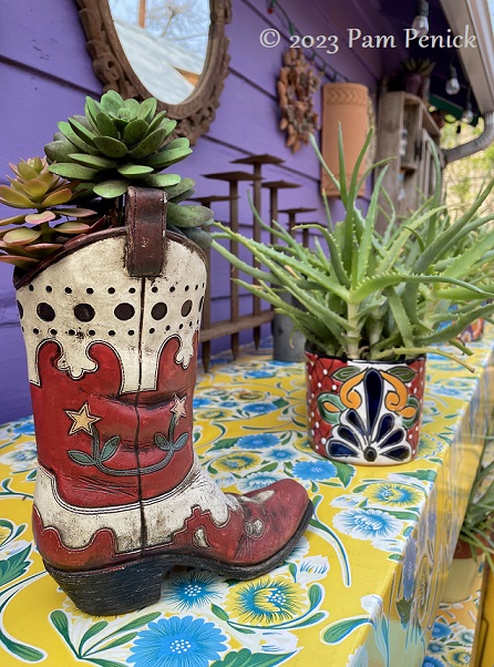 Cowboy boot succulent planter Backyard get together at Lucinda's purple casita