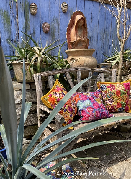 Madonna Bench w pillows Backyard get together at Lucinda's purple casita