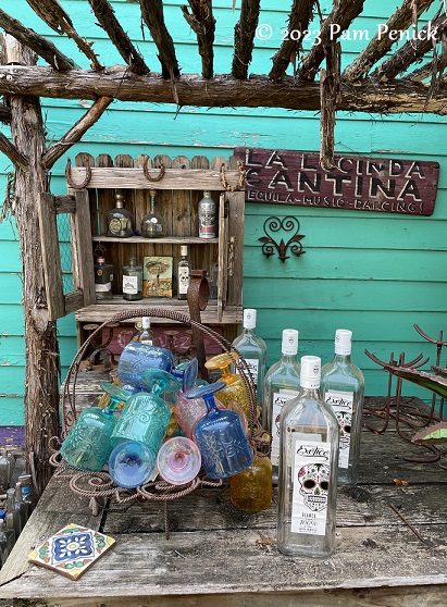 Tequila cantina Glass bottles Backyard get together at Lucinda's purple casita