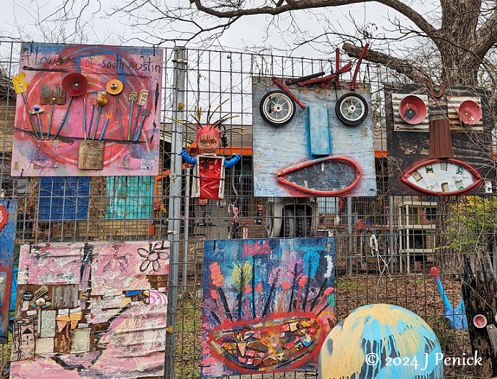 Folk art fence faces in South Austin - Digging